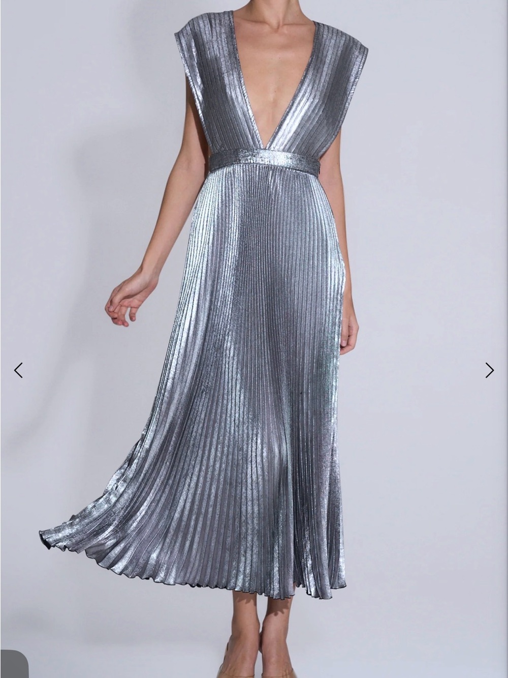 Plissé Metallic Silver V-Neck Maxi Dress